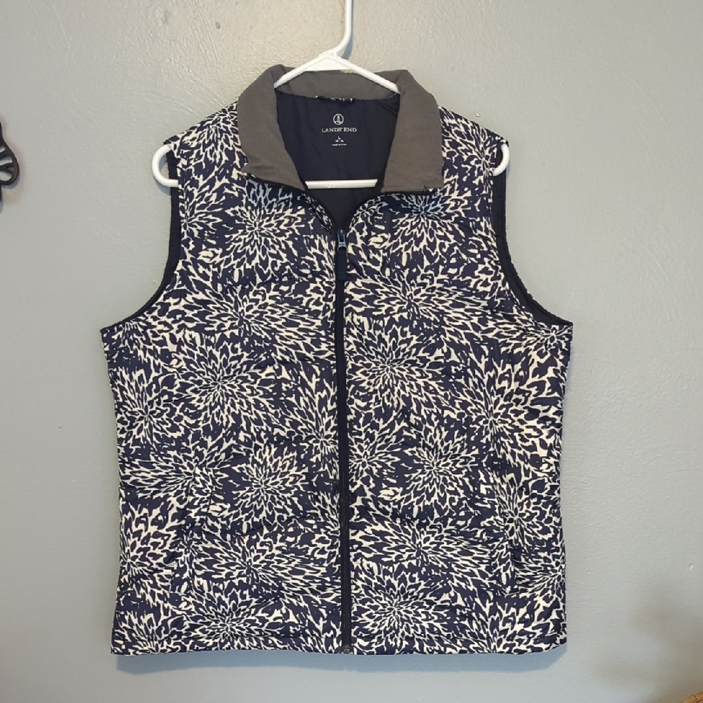 Land's End brand Blue and White Floral Zipper Front Puffer Vest with Pockets L
